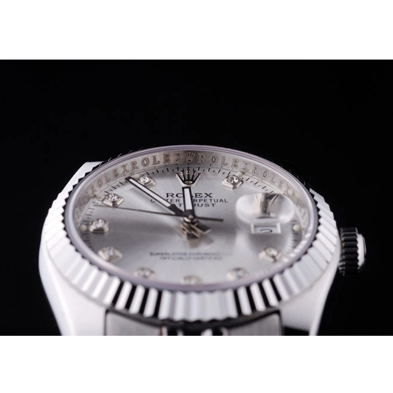 Aaa replica watch Bezel Diamonds Silver Datejust 7455 Rolex Dial Ribbed 0729